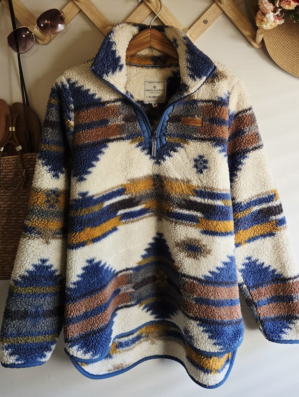 Simply Southern Womens Sherpa Quarter-Zip - Blue, Cream, Brown & Gold